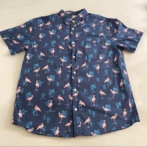 val surf navy & pink flamingo cotton button up / size large